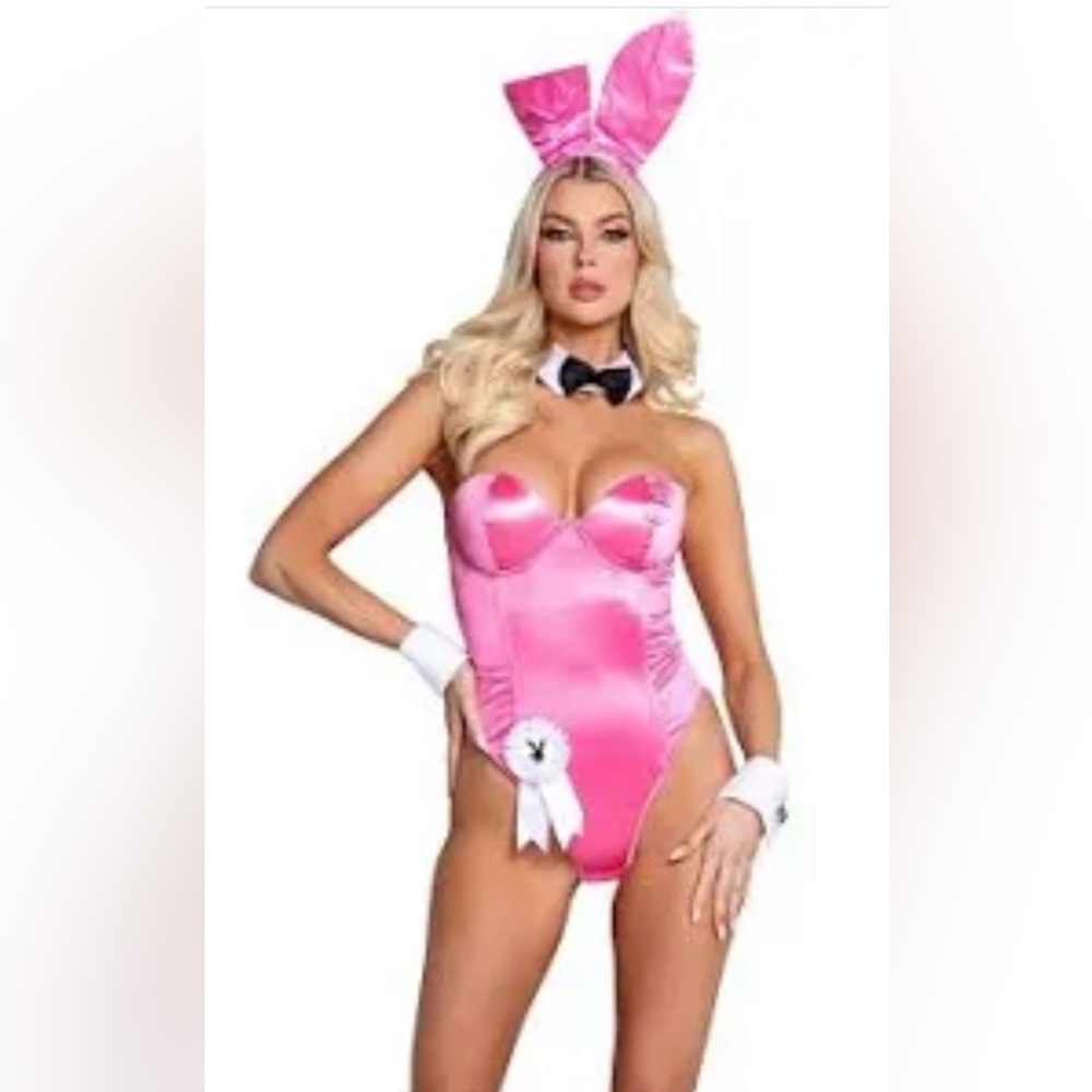 Playboy Sexy Pink Satin Bodysuit with White Bunny Tail ears and cuff Accents NWT
